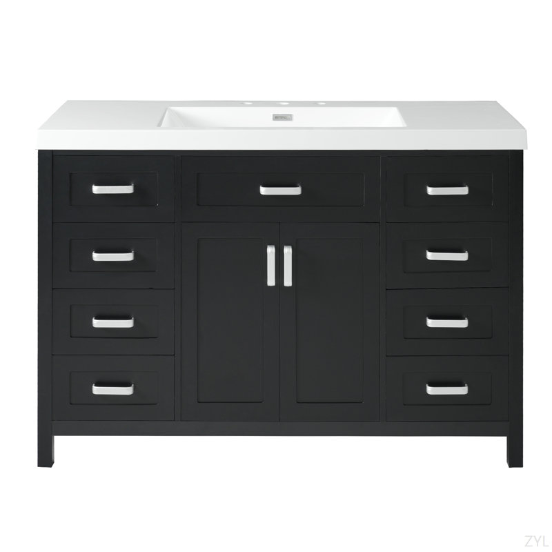 Meuble-lavabo 48 po avec lavabo, 2 portes et 8 tiroirs, système de fermeture en douceur, conception classique, Noir