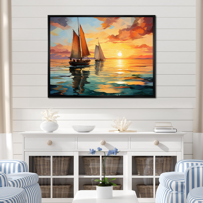 Minimalisme, voilier, rythme, sur toile, Cadre flottant noir, H 12 po x l 20 po x P 1 po