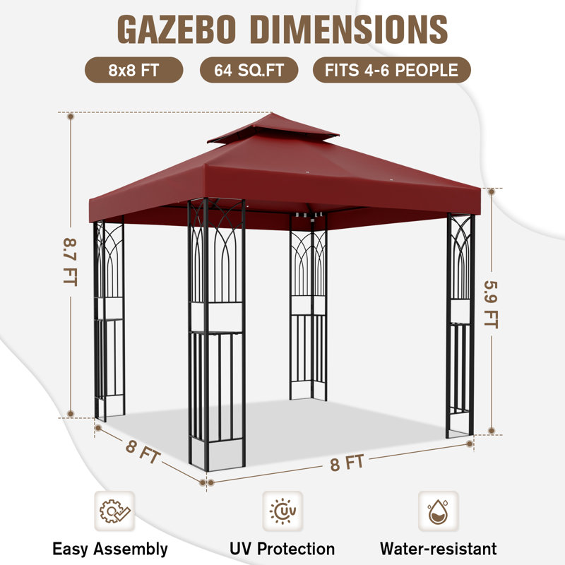 8 Ft. W x 8 Ft. D Steel Patio Gazebo, Red