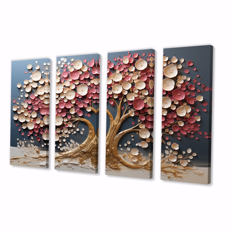 Orchidée rose et or jardin de branches VI - ensemble d'art mural 4 pièces arbre, H 28 po x l 48 po