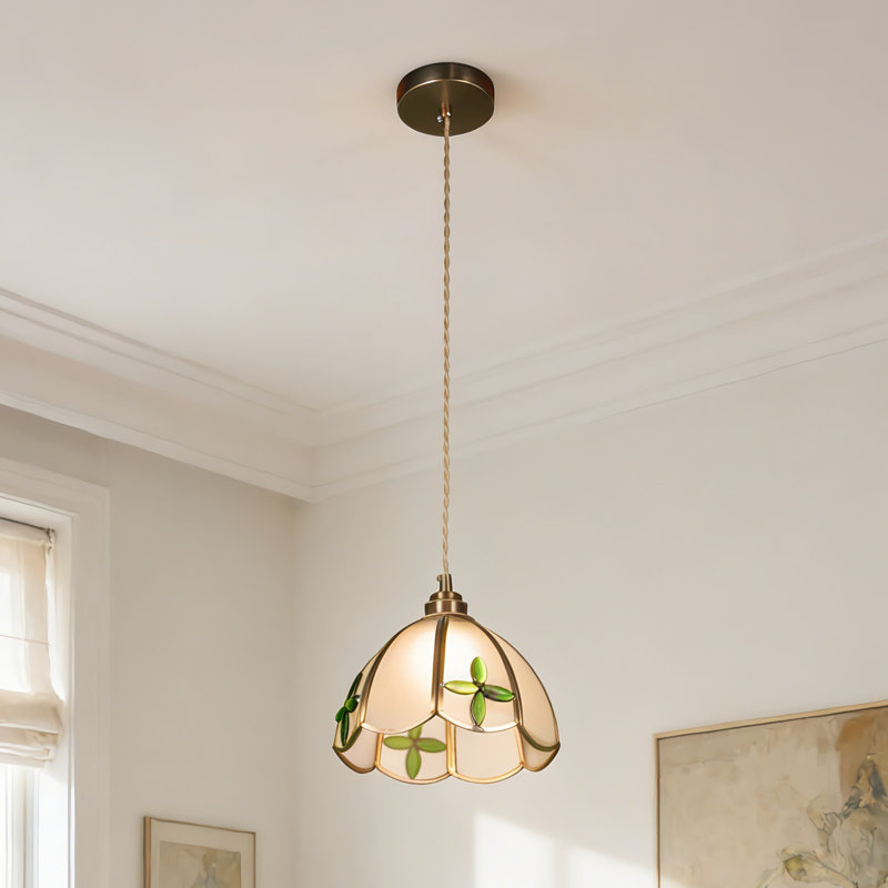 7.9" Copper Clover Glass Pendant Light, Adjustable 51.2" Cord, E26 Warm Bulb Included, Wall Control