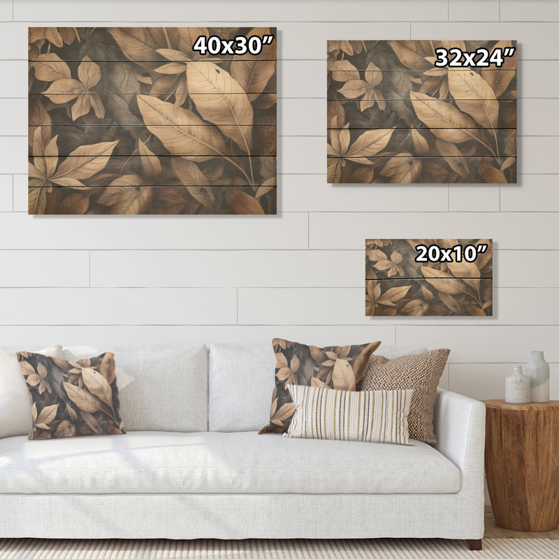 «Brown Foliage Harmony - Leaves Wood», art mural sur bois de pin naturel, H 30 po x l 40 po