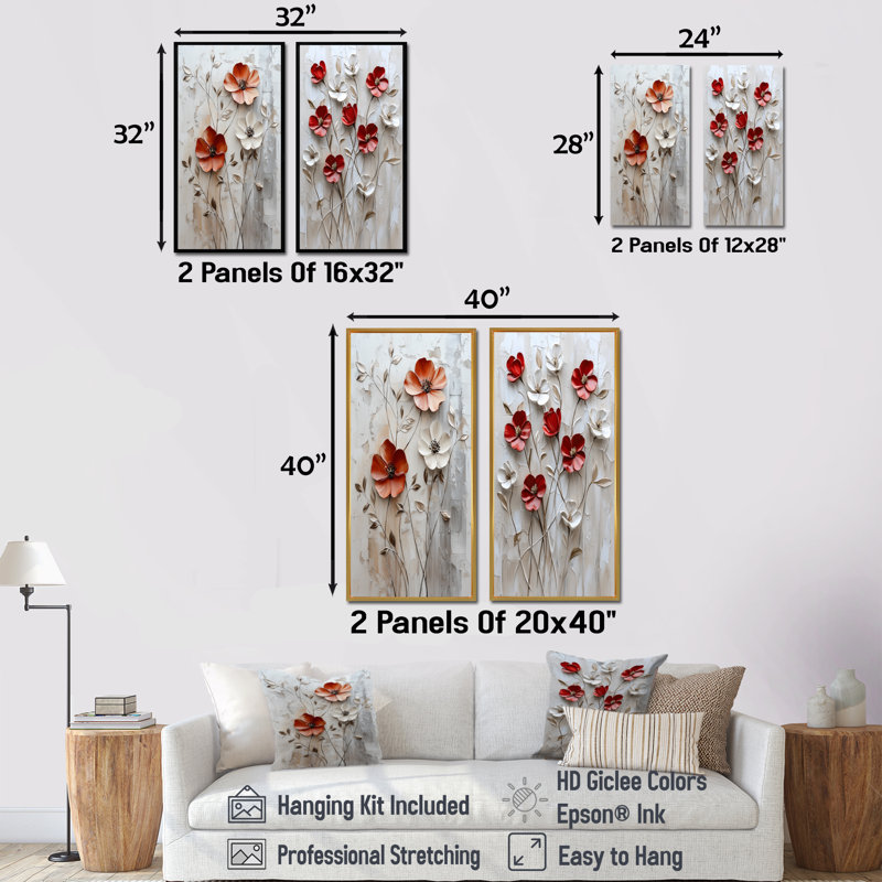 «Red Blooming Poppies Melody I» - ensemble d'art mural 2 coquelicots, Ne s’applique pas, Toile tendue sur cadre