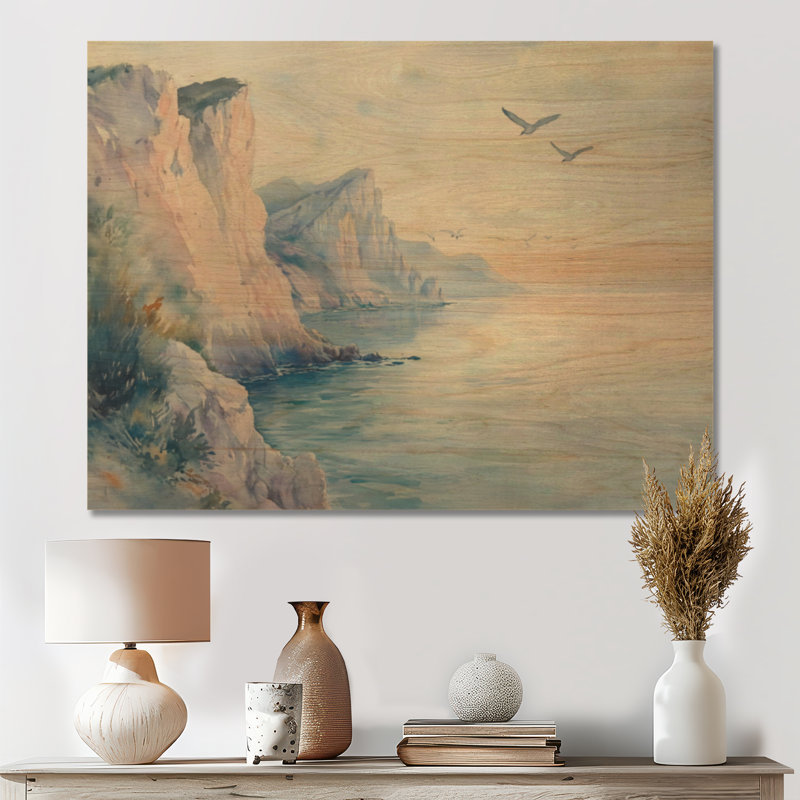 Art mural en bois Serene Coastal Cliff - Orange Nature, H 30 po x l 40 po, Rectangulaire