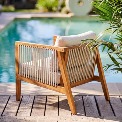 Desimone Outdoor Modern Acacia Wood Rope Lounge Chair with Cushions