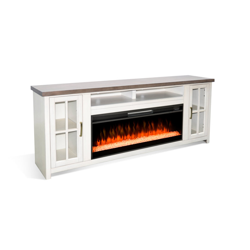Unfinished TV Stand for TVs up to 85" with Fireplace Included, Brown/White