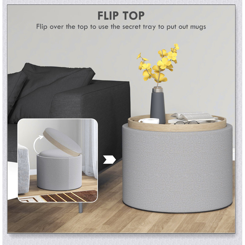 Round Storage Ottoman Coffee Table with Flip Top Tray