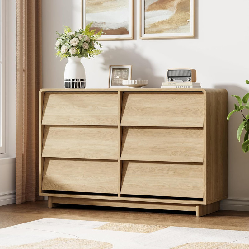 Commode 6 tiroirs, commode moderne en bois de 47,2 po avec poignées incurvées et à bord arrondi, commodes à grande capacité pour la chambre à coucher et le salon (2 colis)