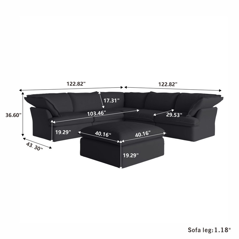 Fairford 6-Piece Upholstered Modern Corduroy Fabric Sectional Sofa With Ottoman, Black Linen Blend