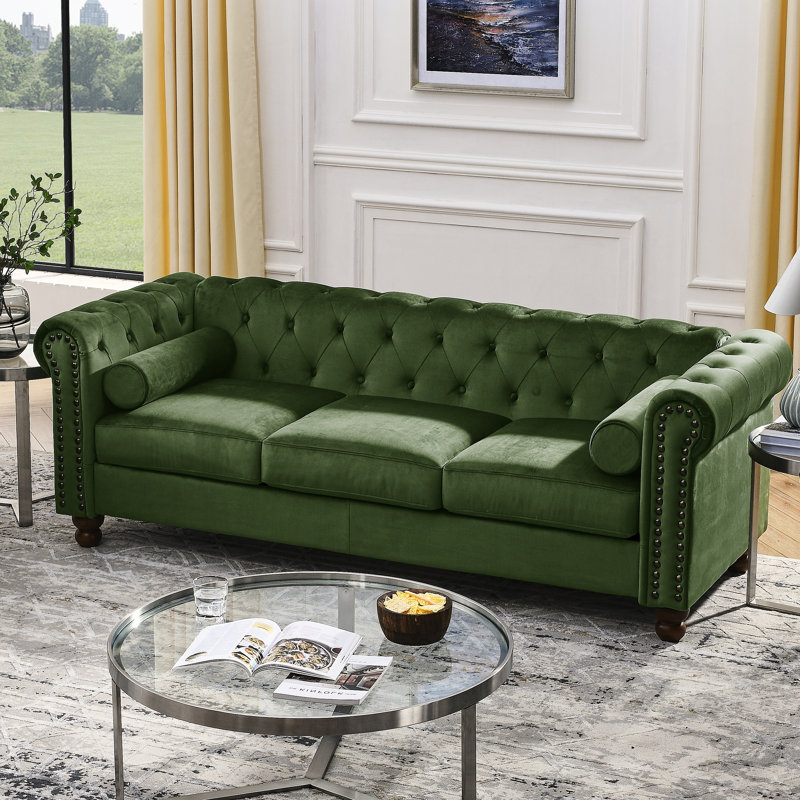 Chesterfield Velvet Upholstered Sofa with Nailhead Trim and Rolled Arms, Sofa