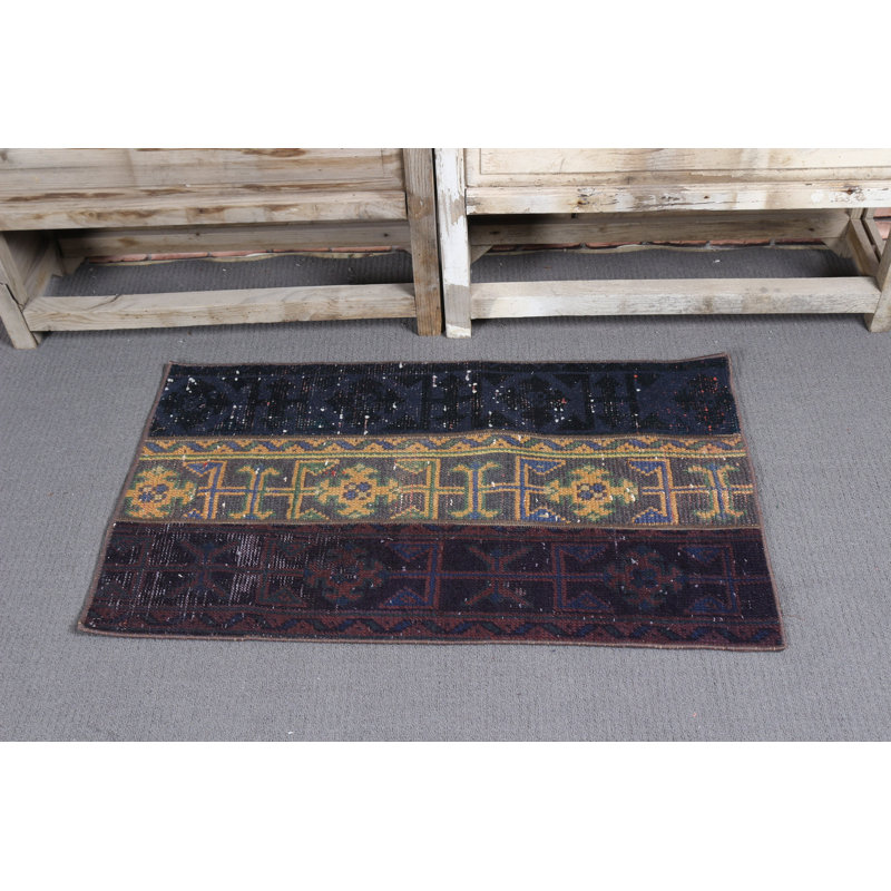 Small Vintage Turkish Patchwork Rug in Purple Wool Ideal for Entryway as Neutral Bohemian Art in Home Decor