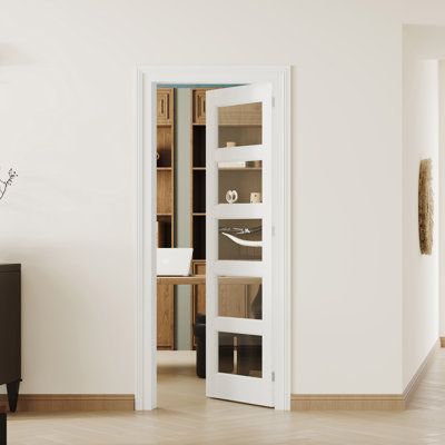 Porte intérieure en verre transparent 5 Lite - Panneaux de porte en panneau de fibres à densité moyenne blancs pré-montés avec cadre et trousse de quincaillerie (porte et cadre livrés séparément)