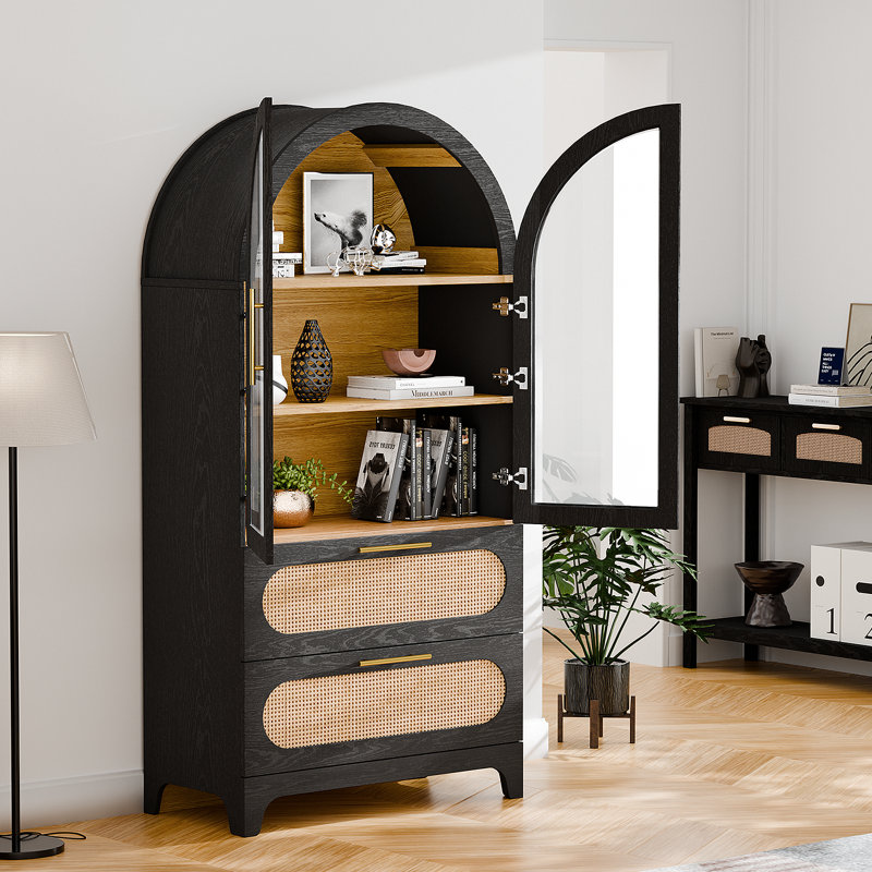 Modern Arched Storage Cabinet With Rattan Drawers And Glass Doors, 3-Tier Display Hutch With 2 Large Storage Drawers