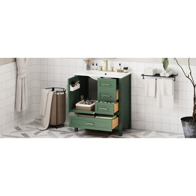 Modern Bathroom Storage Vanity With Sink, & Solid Wood, 3 Drawers, Overflow Hole, Stylish Look 30" In , Wood Frame And , Ceramic Basin, Soft Close Doors Design