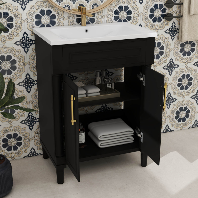 Meuble-lavabo compact de 24 po avec lavabo encastré en céramique, meuble-lavabo autoportant à une cuve et armoire de salle de bain