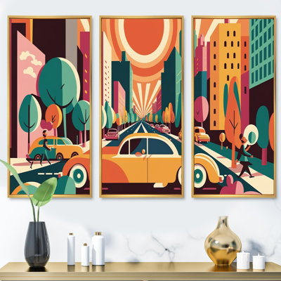 «Colorful Cityscape Cars I», reproduction sur toile 3 pièces