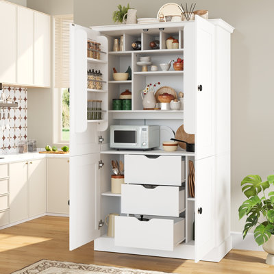 Grand poste de travail de rangement avec 4 portes, 3 tiroirs, 6 tablettes de porte, des tablettes amovibles et 6 supports à vin pour la salle à manger