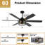 Grand ventilateur de plafond de 60 pouces avec lumières et télécommande, ventilateur de plafond noir réversible à 6 vitesses pour patio-458452689