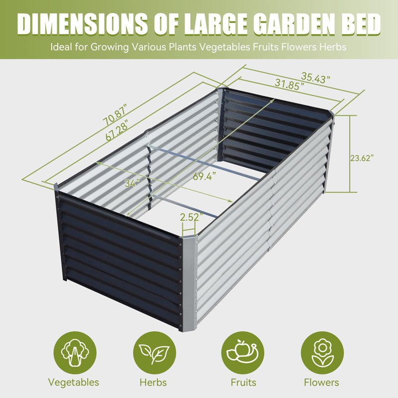 Metal Raised Garden Bed, Silver, 23.62" H X 70.87" W X 35.43" D