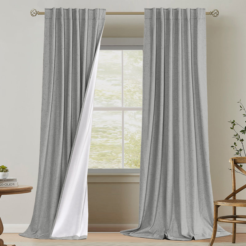 Faux Linen 100% Blackout Curtains for Bedroom Thermal Insulated Textured Linen Look Curtain Back Tab/Rod Pocket/Hook Belt Draperies 2 Panels