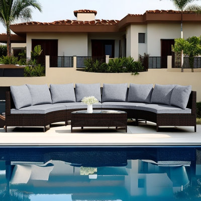 5 Pieces All-Weather Brown PE Rattan Wicker Sofa Set Outdoor Patio Sectional Furniture Set Half-Moon Sofa Set With Tempered Glass Table -  Latitude Run®, D48437B041584FA995DCEEDB4D0202B9