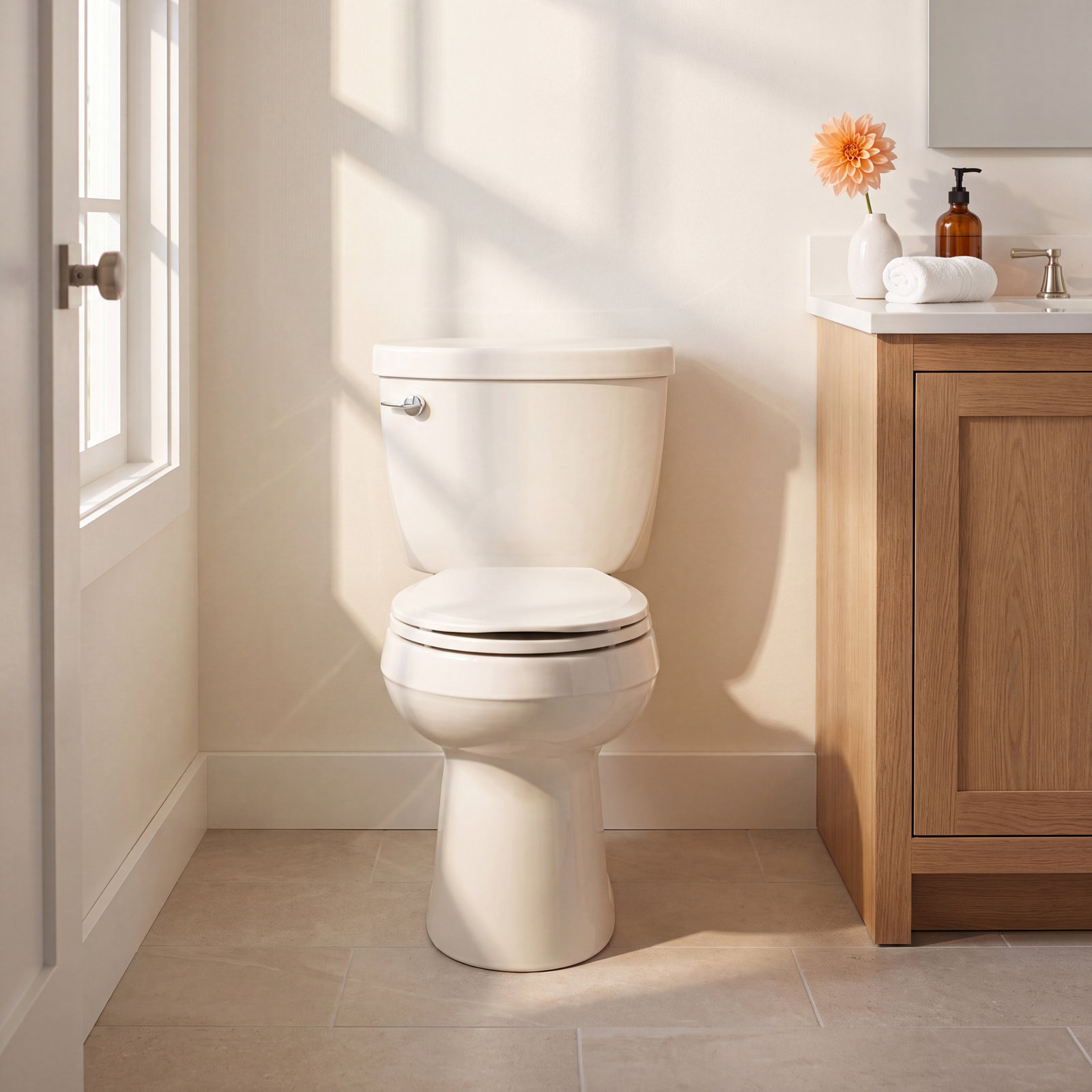 Cimarron 1.6 GPF 2-Piece Round Toilet, Biscuit, Left-Hand