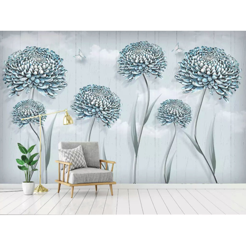 Papier peint rétro rétro avec fleurs bleu pissenlit, L 48,96 po x l 75 po