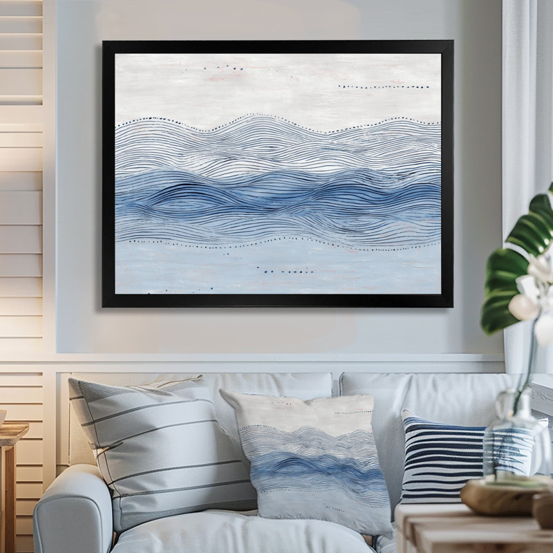 «Blue and Gray Coastal Waves» - art mural côtier, impression sur toile bleu côtier, Reproduction encadrée, Noir