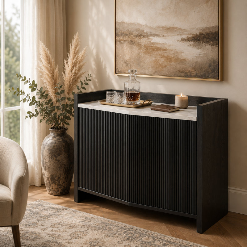Armoire d'appoint moderne cannelée noire avec plateau d'aspect marbre