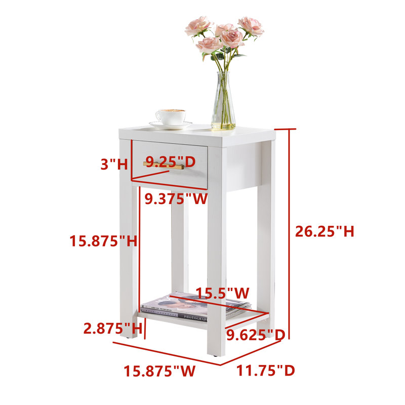 Rectangular Engineered Wood End Table with Storage Drawer, Shelf, and Magazine Rack, White, White