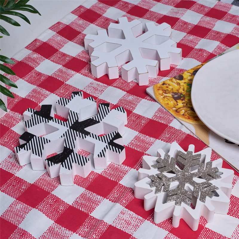 Ensemble de 3 grandes décorations de table flocon de neige en bois pour Noël