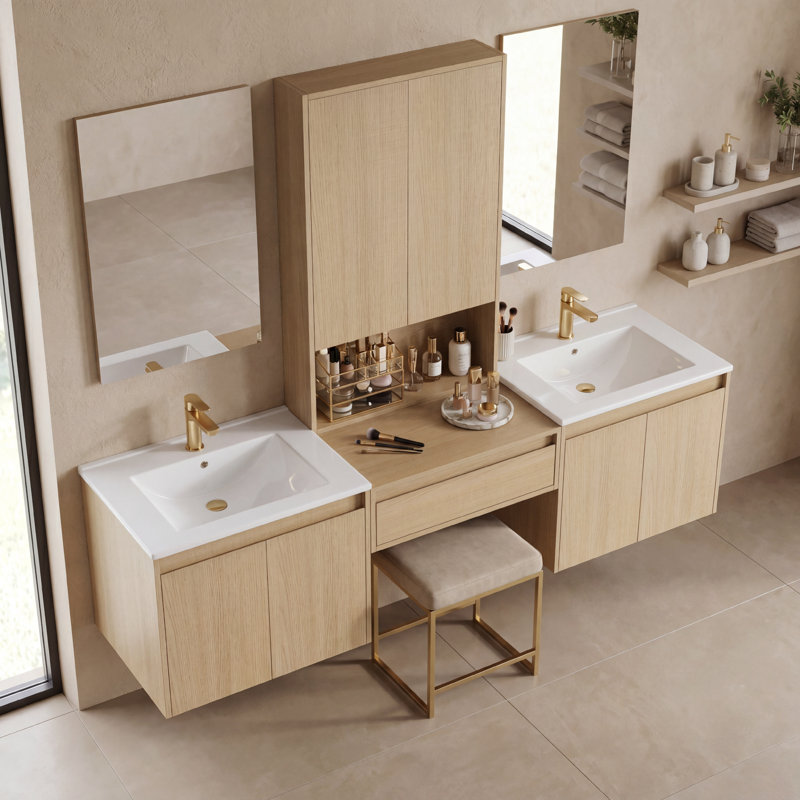 Meuble-lavabo double 72 po avec armoire supérieure, meuble-lavabo, lavabo en céramique et conception sans poignée 72 po, 72"