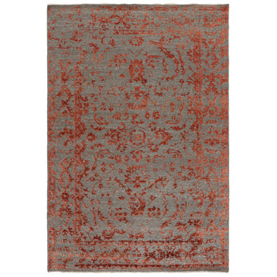 Rectangle Centennial Floral Hand-Knotted Cotton/Viscose Area Rug in Gray/Red
