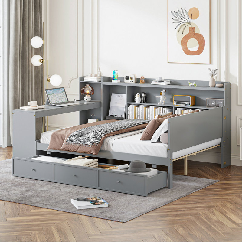 Lit de jour gris en bois avec 3 tiroirs, bureau intégré - pour la chambre à coucher
