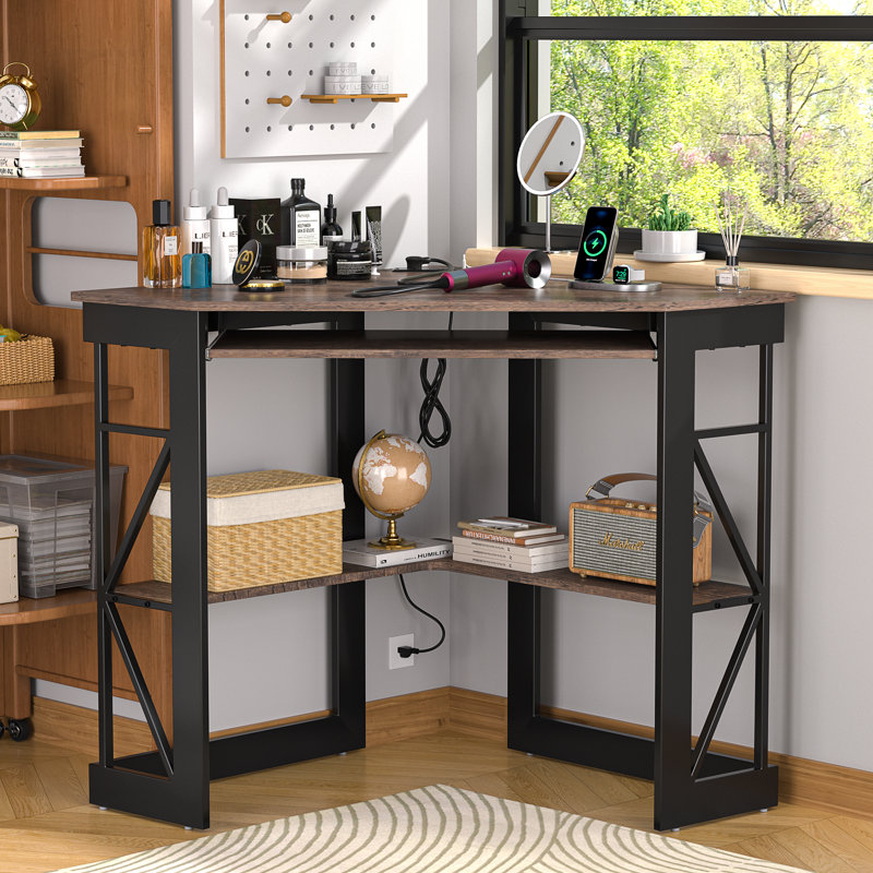Lambrecht Corner Desk With Outlets & USB Ports, Triangle Computer Desk With Charging Station, Storage Shelf, Space Saving Writing Desk For Small Space