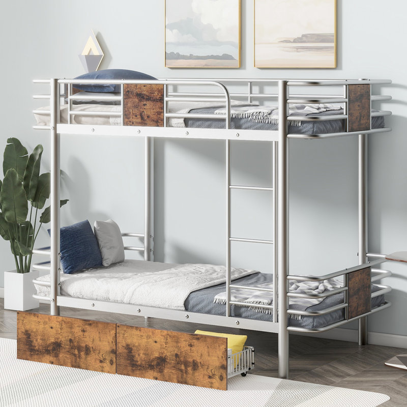 Lit superposé simple au-dessus de métal avec plateau et rangement - Stable, sécuritaire, argenté pour garde-corps de chambre à coucher argenté, peu encombrant, fonctionnel