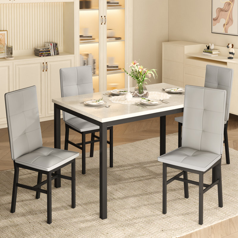 Ensemble de table de salle à manger pour 4 personnes, ensemble de table de salle à manger rectangulaire avec quatre chaises et plateau en faux marbre, ensemble de table de salle à manger avec dossier pour la salle à manger ou le salon