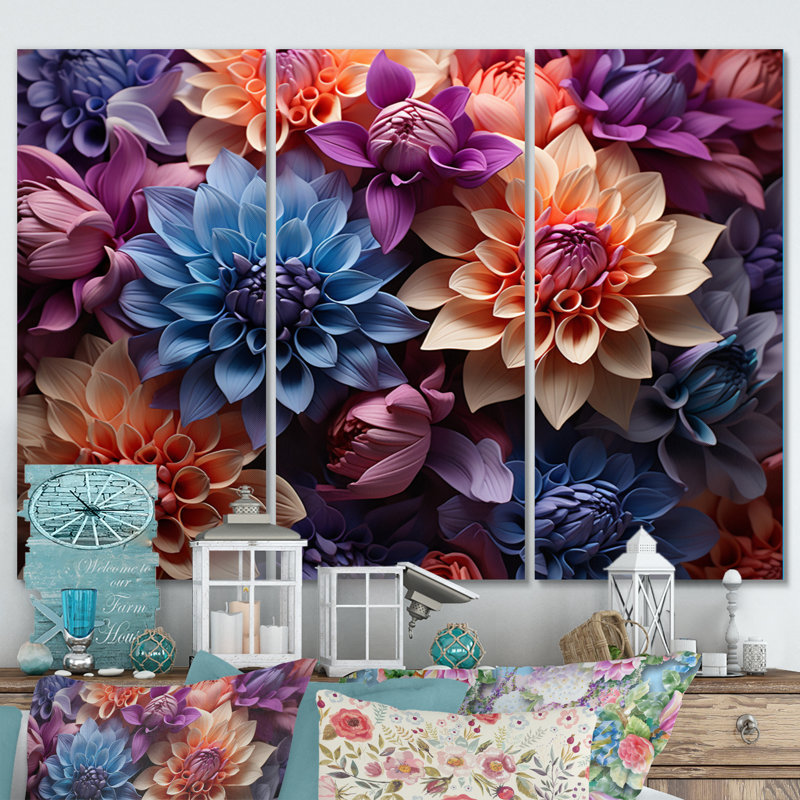 «Dahlia Field Vibrant Composition I», impression de 3 pièces, H 28 po x l 36 po x P 1 po, Wrapped Canvas
