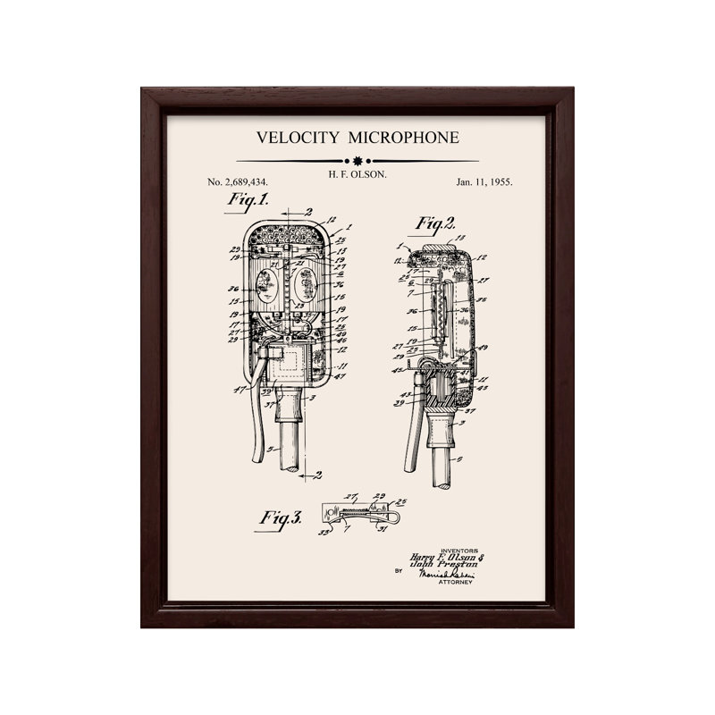 Microphone Blueprint No2, Canvas, 24"H x 32"W, Brown Framed