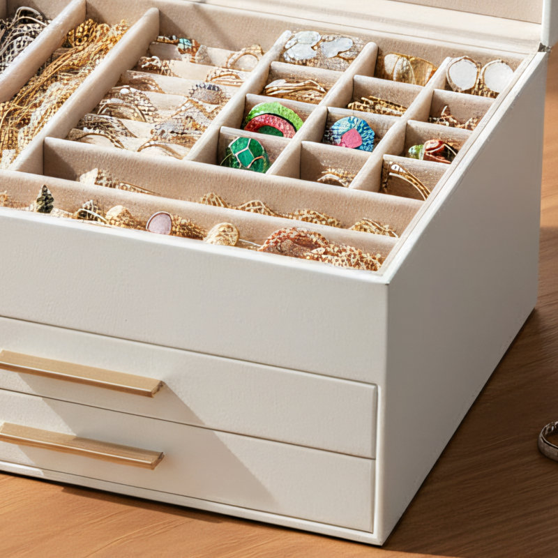 Boîte de rangement pour bijoux en nuage blanc et or de style moderne Cloud, tiroir double à trois couches avec couvercle en verre, quincaillerie en métal brillant, 8,1 x 9,2 x 5,4 pouces.