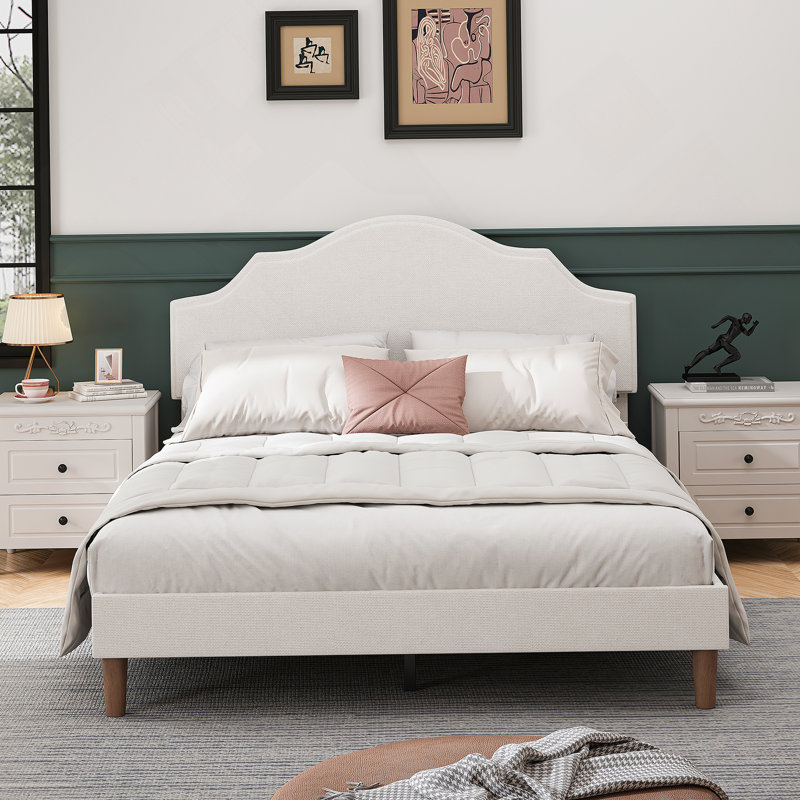 Lit plateforme tapissier grand format avec tête de lit réglable, rembourré en tissu de lin, lit plateforme simple de style moderne sans sommier, facile à assembler, blanc