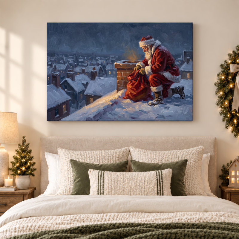 Père Noël à genoux par brique cheminée dans la neige, art mural de Noël, H 12 po x l 18 po