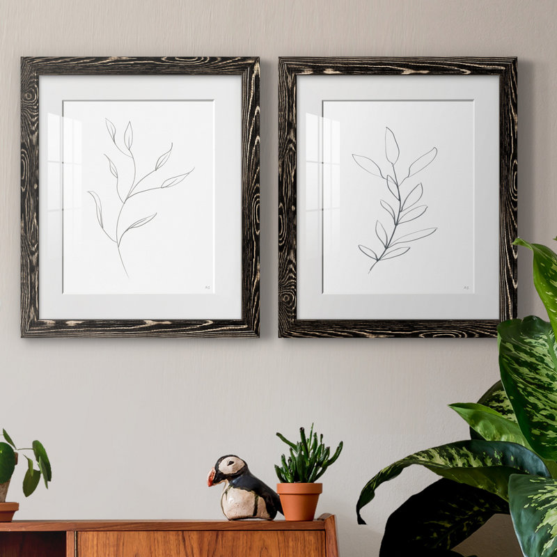 " Botanical Gesture I " 2 - Pieces, 20" H x 17" W x 1" D, Black Framed Paper, White