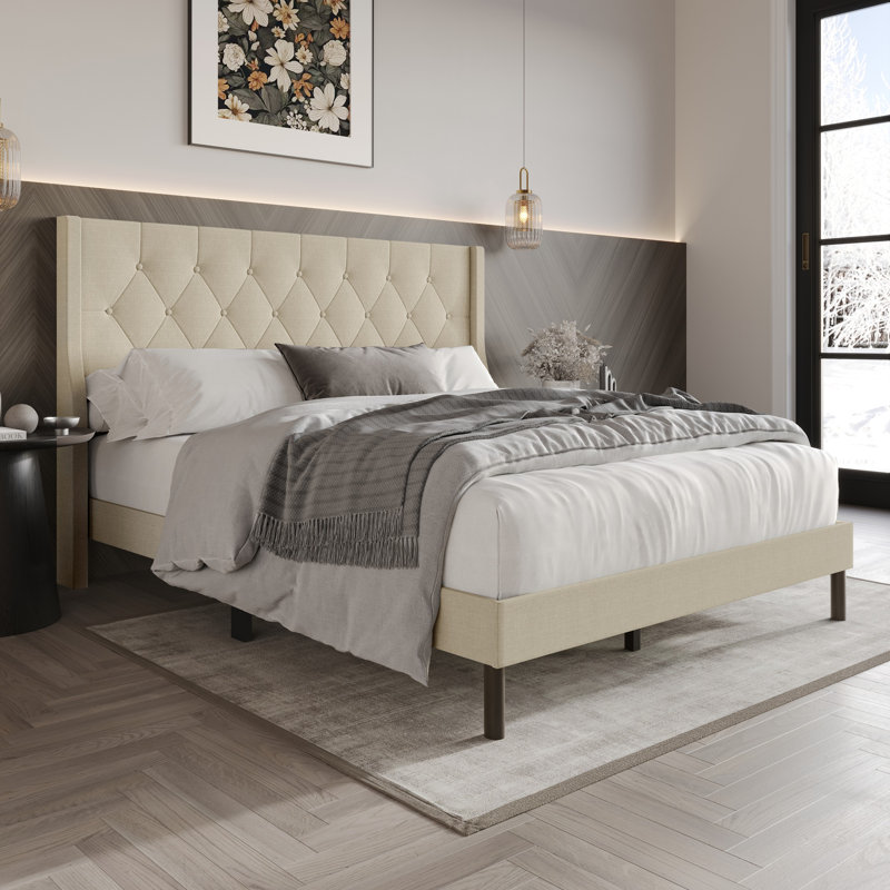 Oregon Tufted Upholstered Wingback Panel Bed, Beige, Twin
