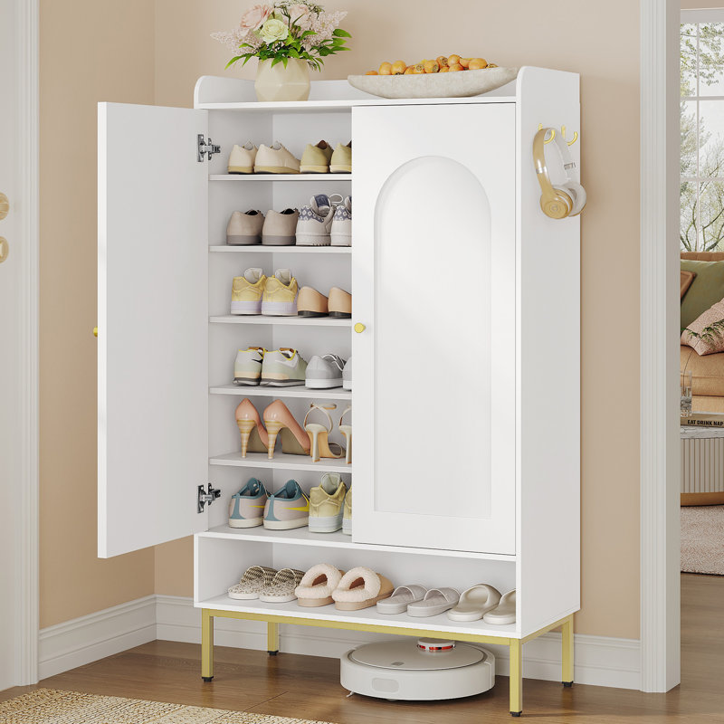 Shoe Cabinet with Doors, 7-Tier Shoe Storage Cabinet with Adjustable Shelves, 31.4" Wooden Shoes Organizer Cabinets with Top Storage Layer, 24-28 Pairs, for Entryway, Hallway, White
