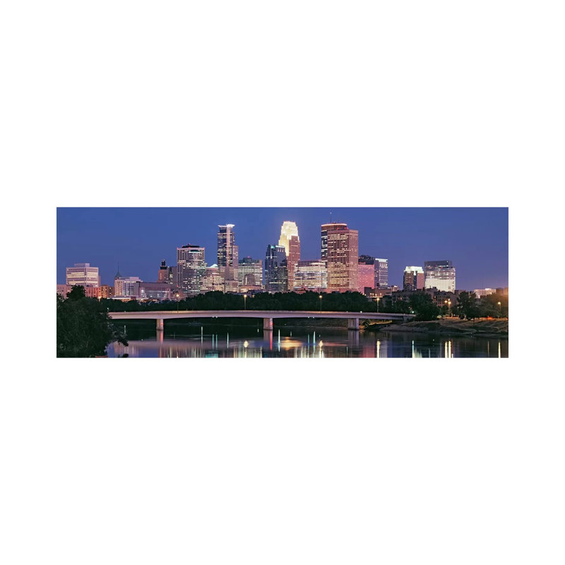 Buildings Lit up at Night in a City, Minneapolis, Mississippi River, Hennepin County 1 Piece Wrapped Canvas Panoramic Wall Art