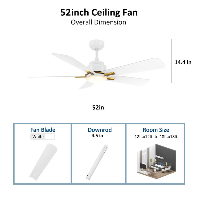 Ventilateur de plafond intelligent de 52 pouces à 5 pales avec moteur et télécommande., Blanc, Blanc