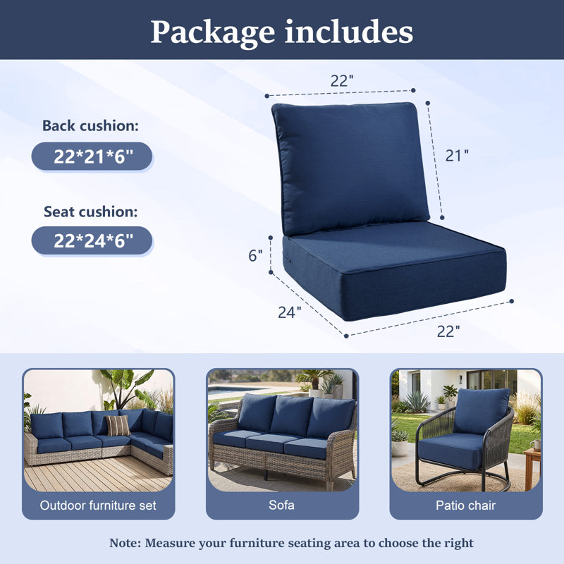 Outdoor Chair Cushions 2-Piece 22 X 21 + 22 X 24 In. Deep Seat And Backrest Cushion Set For Patio Furniture, Blue