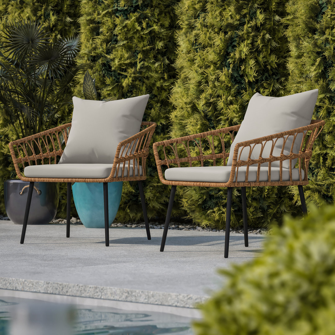 All-Weather PE Rattan Wicker Patio Chairs With Cushions (Set of 2) Bayou Breeze Cushion