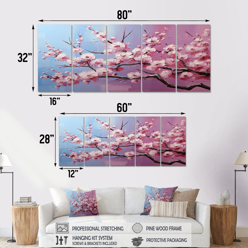 "Fleurs de cerisier roses" 5 pièces, H 32 po x l 80 po